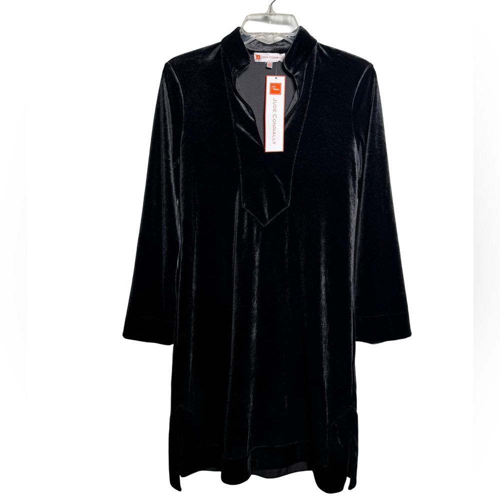 Jude Connally Black Stretch Velvet Kate Mini Dress Long Sleeve Size S NWT V Neck